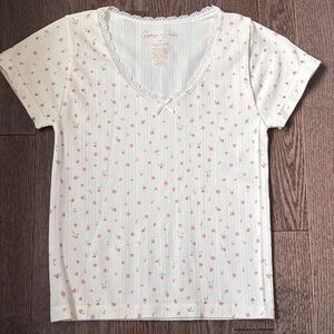 Cream Floral Lace Trim T-Shirt